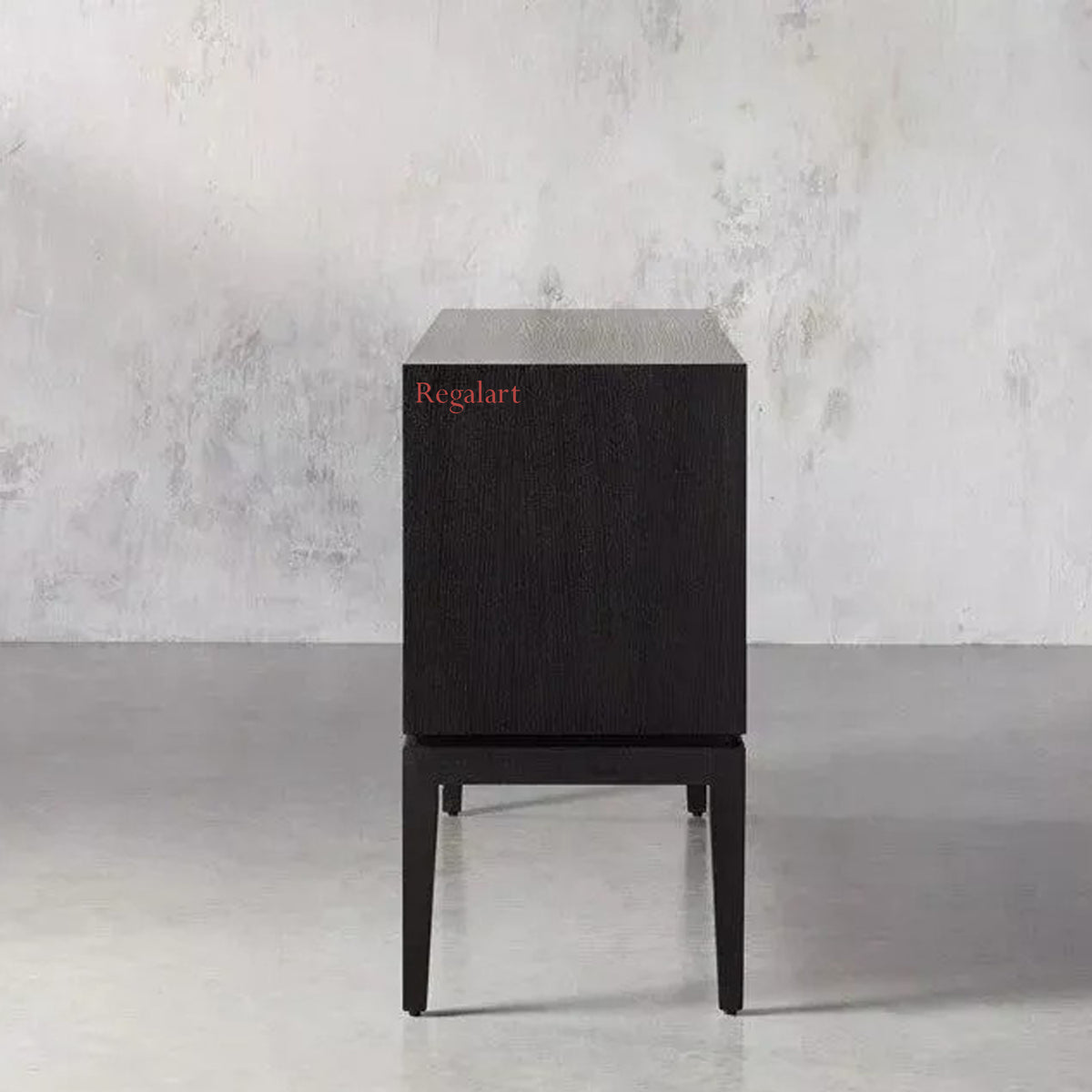 Side View of Handmade Black and White Bone Inlay Sideboard Cabinet with Solid Wood Construction