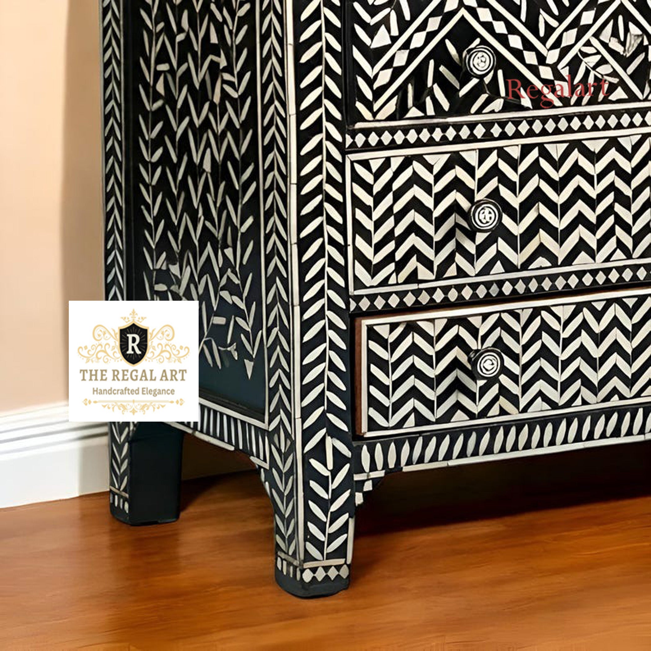 Handmade KitKat Pattern Bone Inlay Dresser – Zed Black 3 Drawer Chest for Bedroom & Living Room