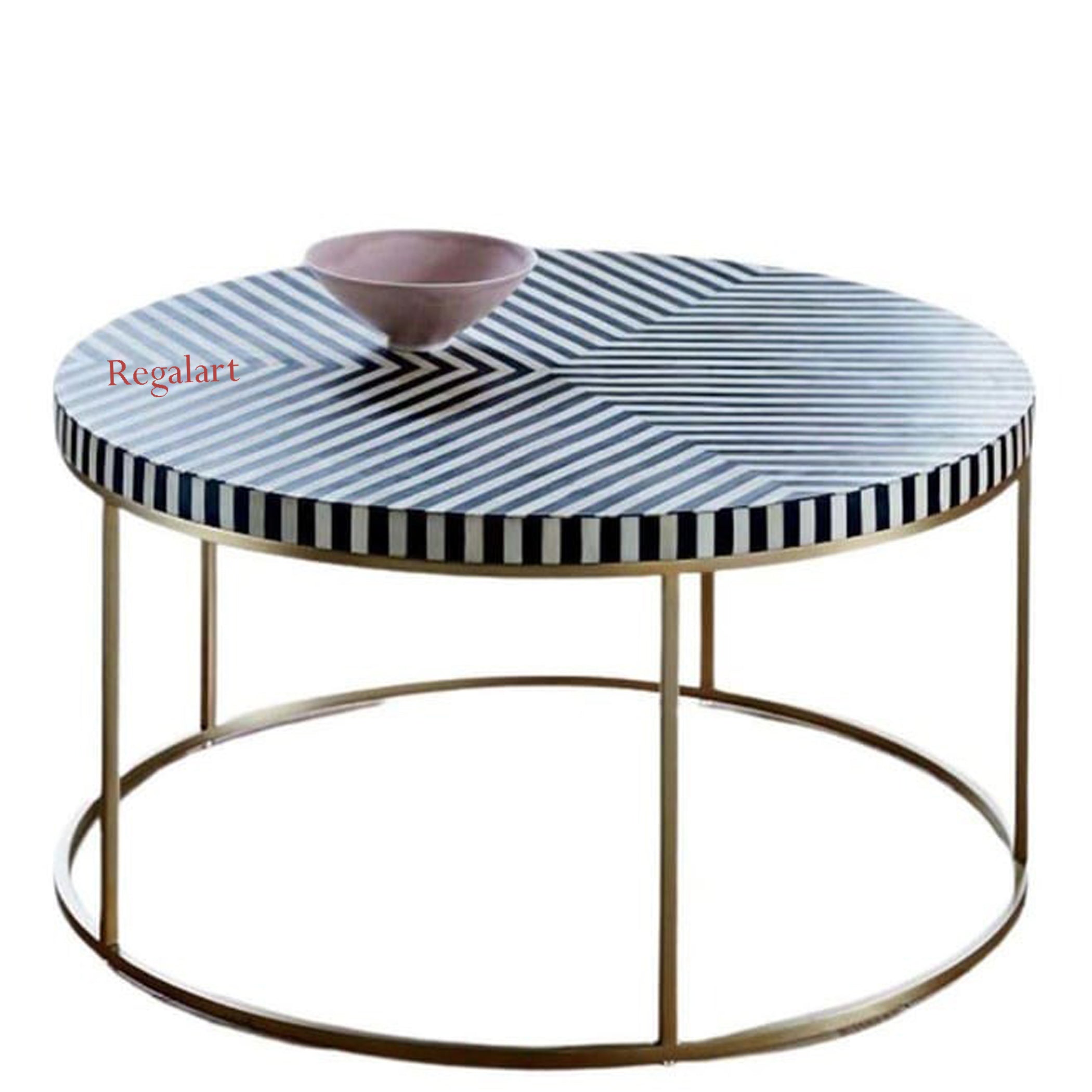 Luxury Bone Inlay Round Coffee Table with Metal Stand