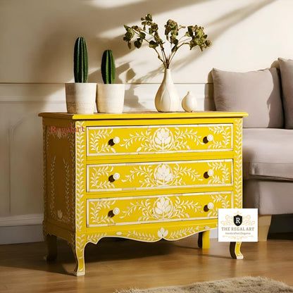 Floral Pattern Bone Inlay Dresser - 3 Drawer Chest for Home