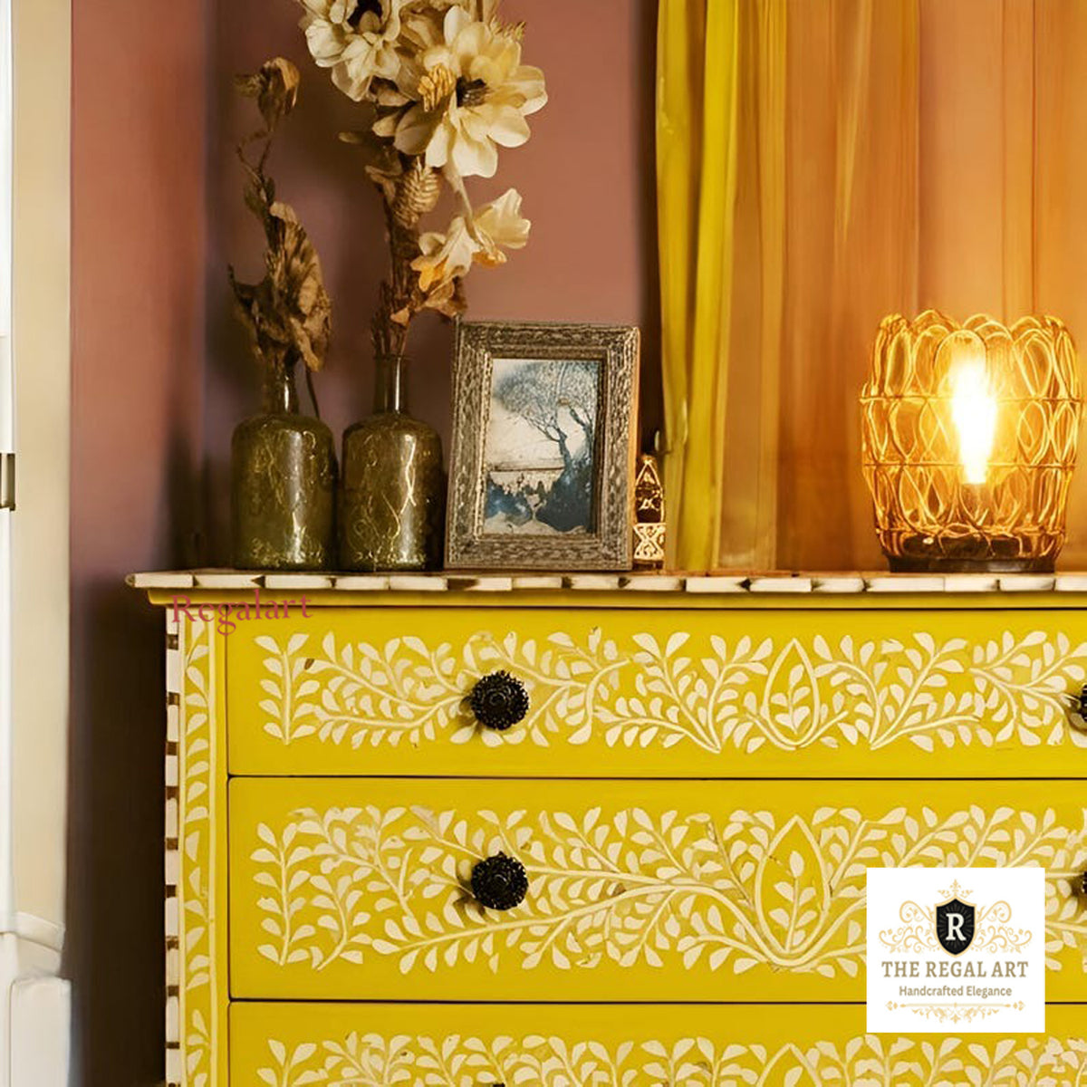 Premium Yellow Bone Inlay Floral Dresser with Three Spacious Drawers for Vintage Home Décor