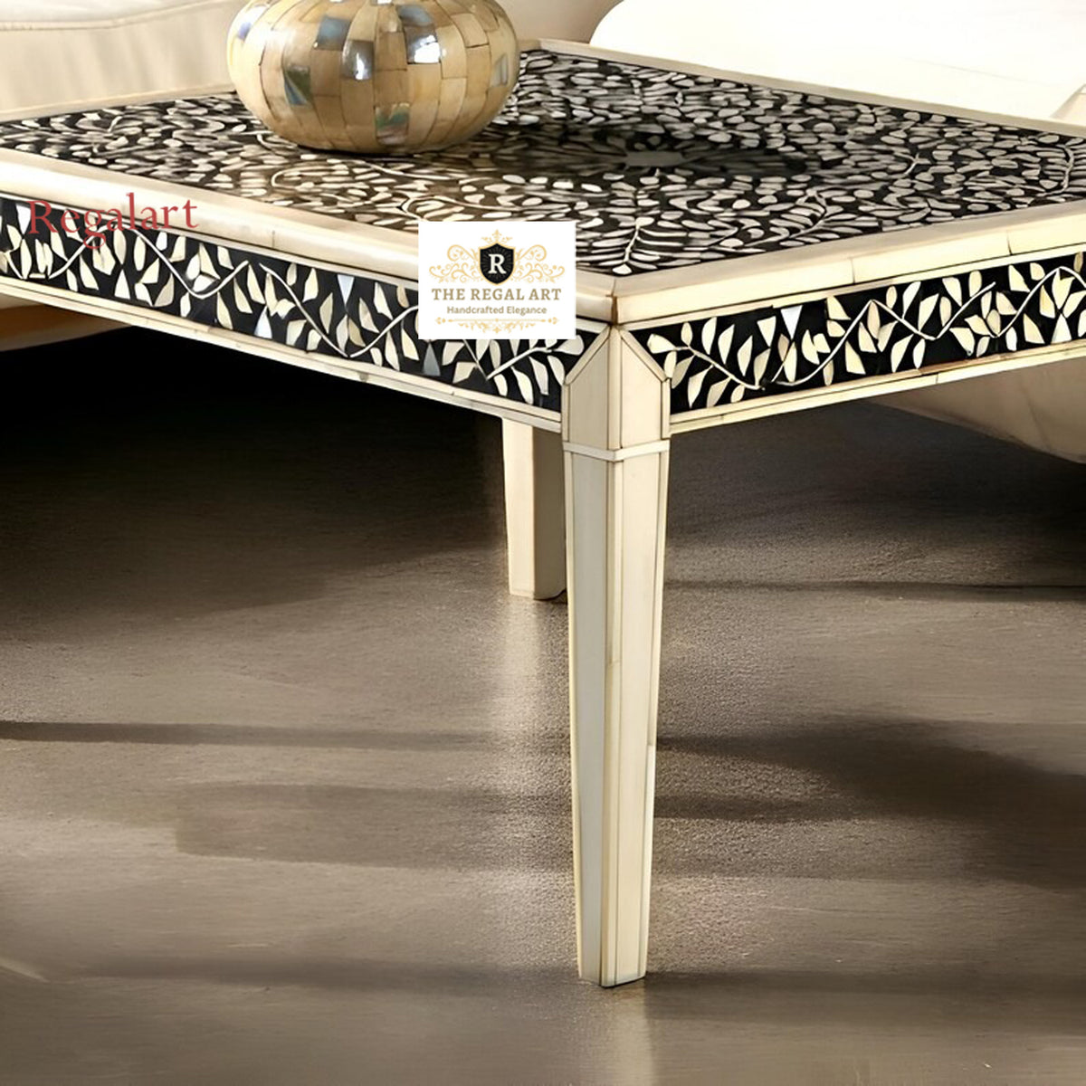 Side View of Bone Inlay Coffee Table Highlighting Handcrafted Floral Pattern and Sturdy Legs