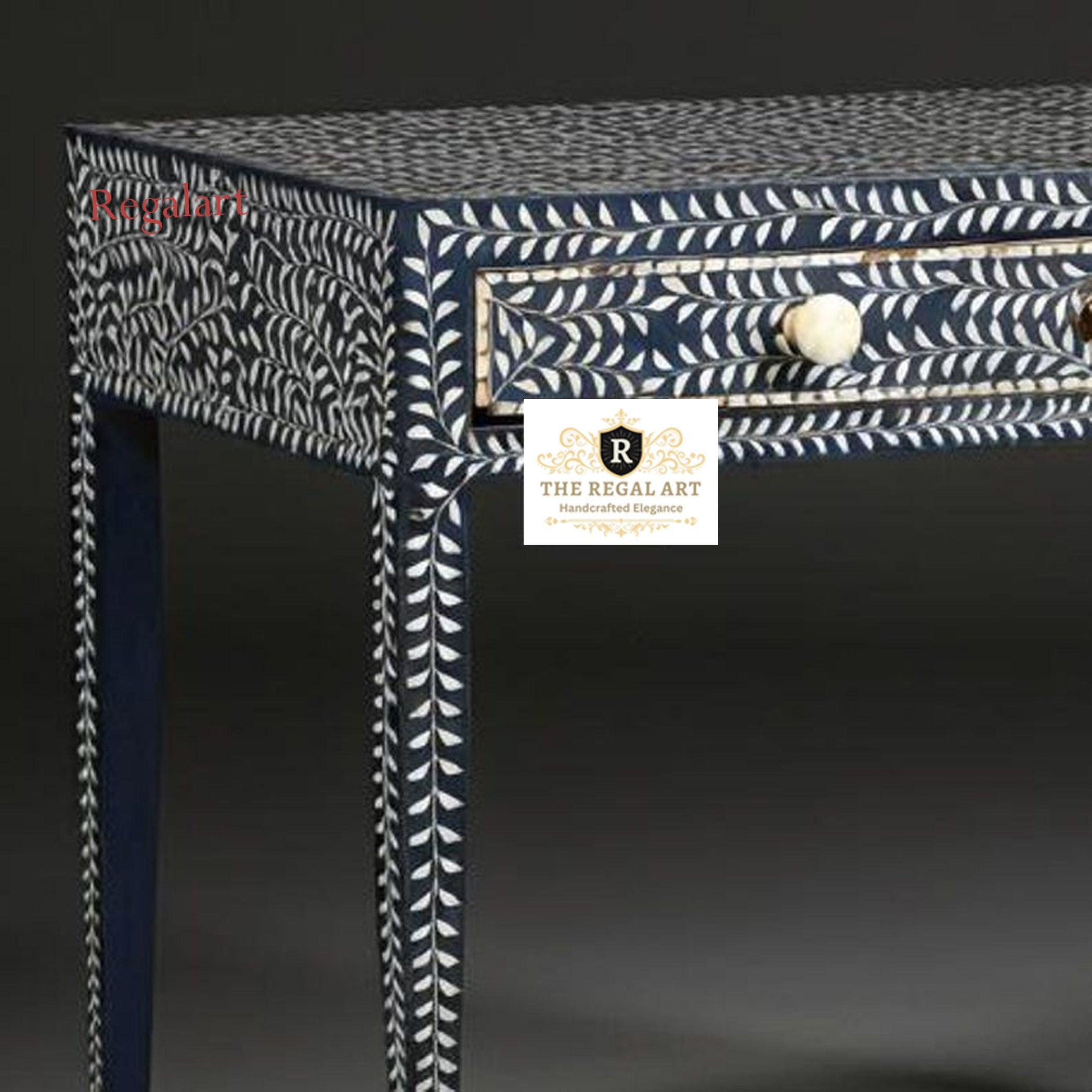 Bone Inlay work desk | Floral pattern study table two drawer
