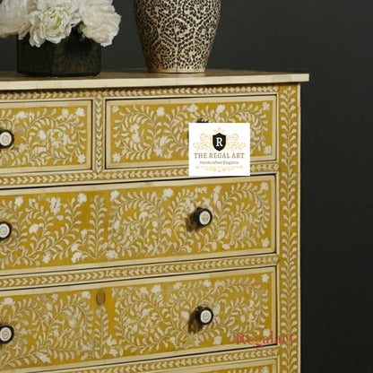 Bone Inlay Chest with Six Drawers - Herringbone Design Dresser