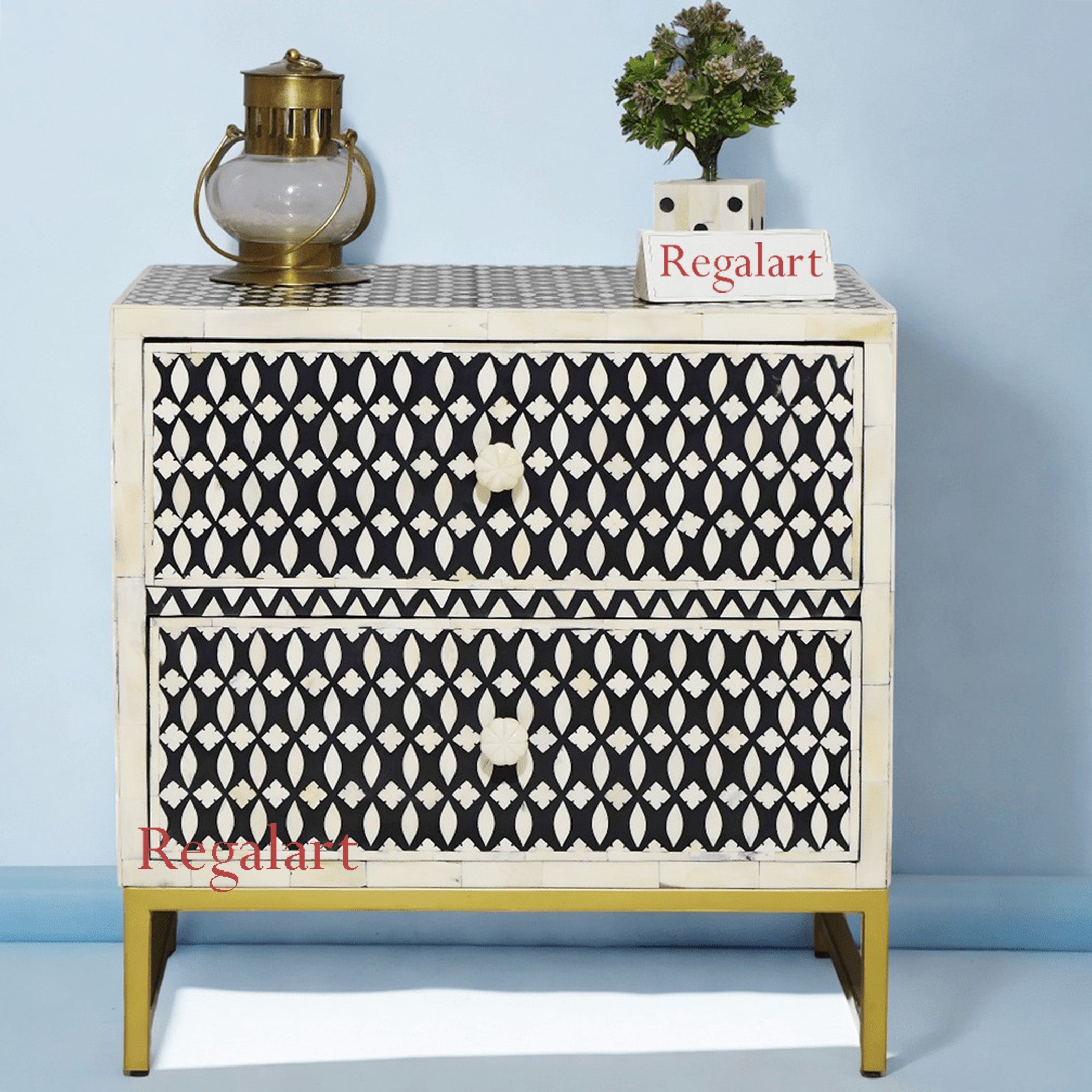 Bone Inlay Eye Pattern Black 2 Drawers Bedside Table - Exauisite Handmade Bedroom Furniture