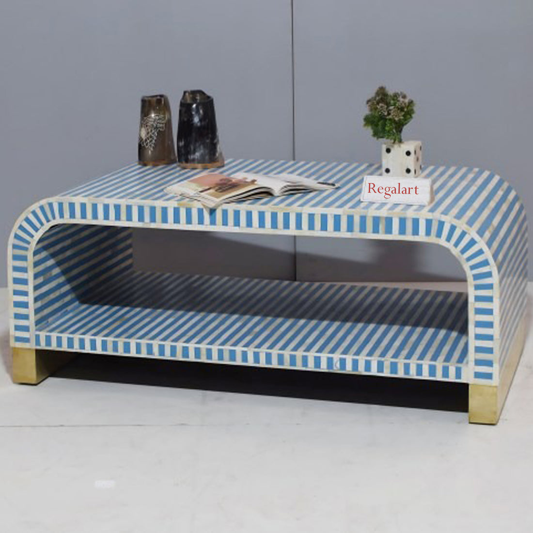 Luxury Bone Inlay Double Shelf Waterfall Coffee Table