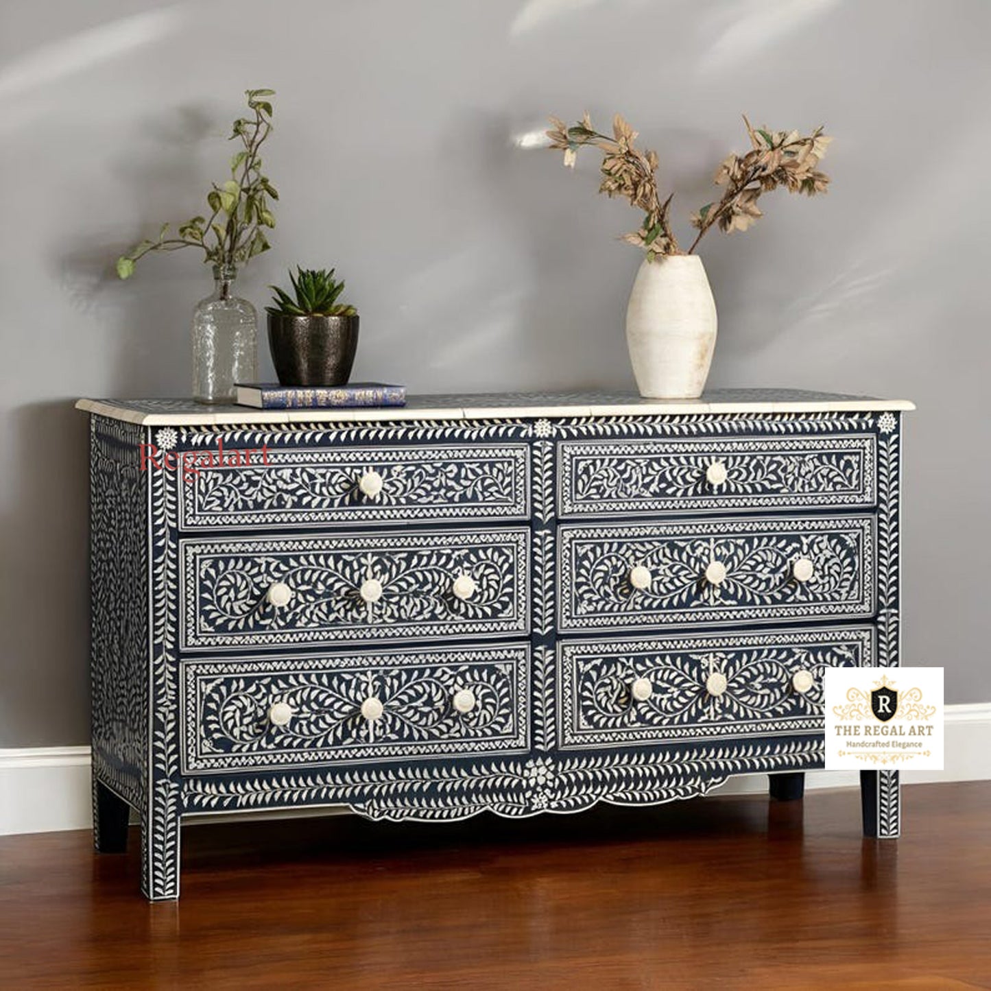 Navy Blue Six Drawer | Bone Inlay Floral Dresser | Elegant Buffet Storage