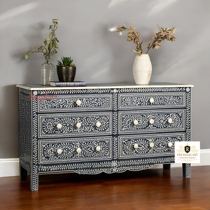 Navy Blue Six Drawer | Bone Inlay Floral Dresser | Elegant Buffet Storage