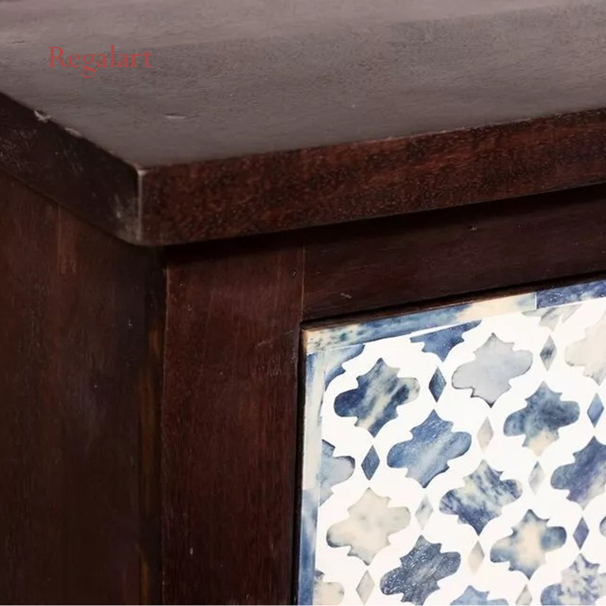 Close-Up of Handmade Blue Floral Bone Inlay Pattern on Wooden Chest of Drawers