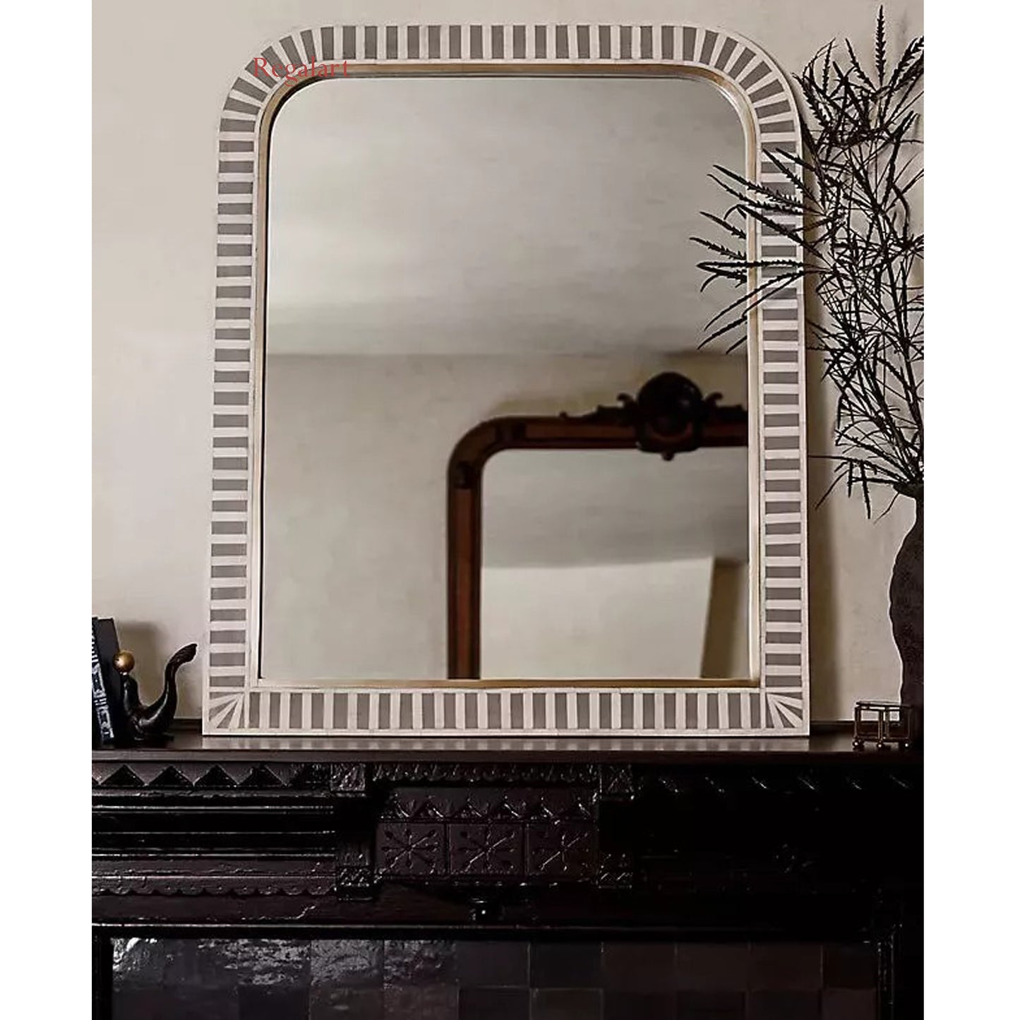 Handmade Bone inlay mirror, bone inlay frame waterfall stripe pattern grey Luxury Home