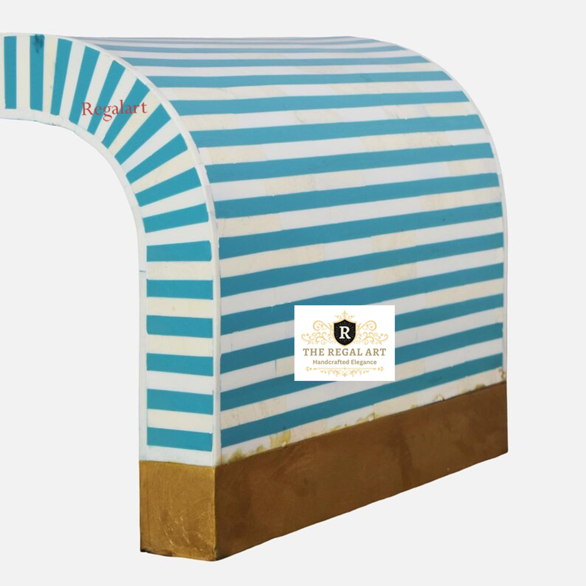 Front Corner View of Blue Bone Inlay Coffee Table with Elegant Waterfall Curved Edges