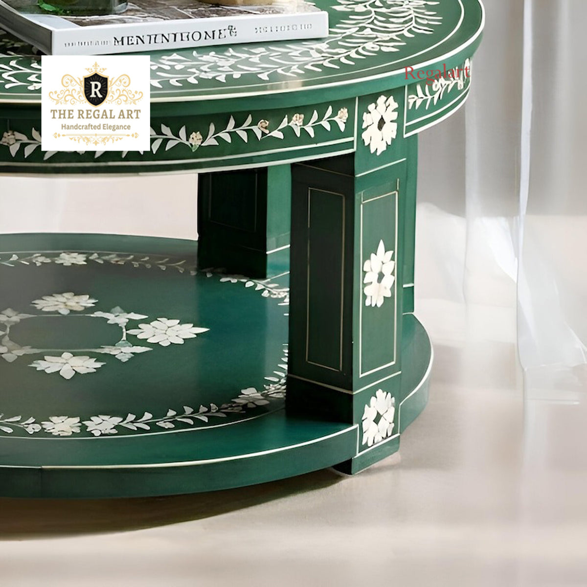 Close-Up of Round Green Bone Inlay Coffee Table with Decorative Floral Pattern and Open Shelf