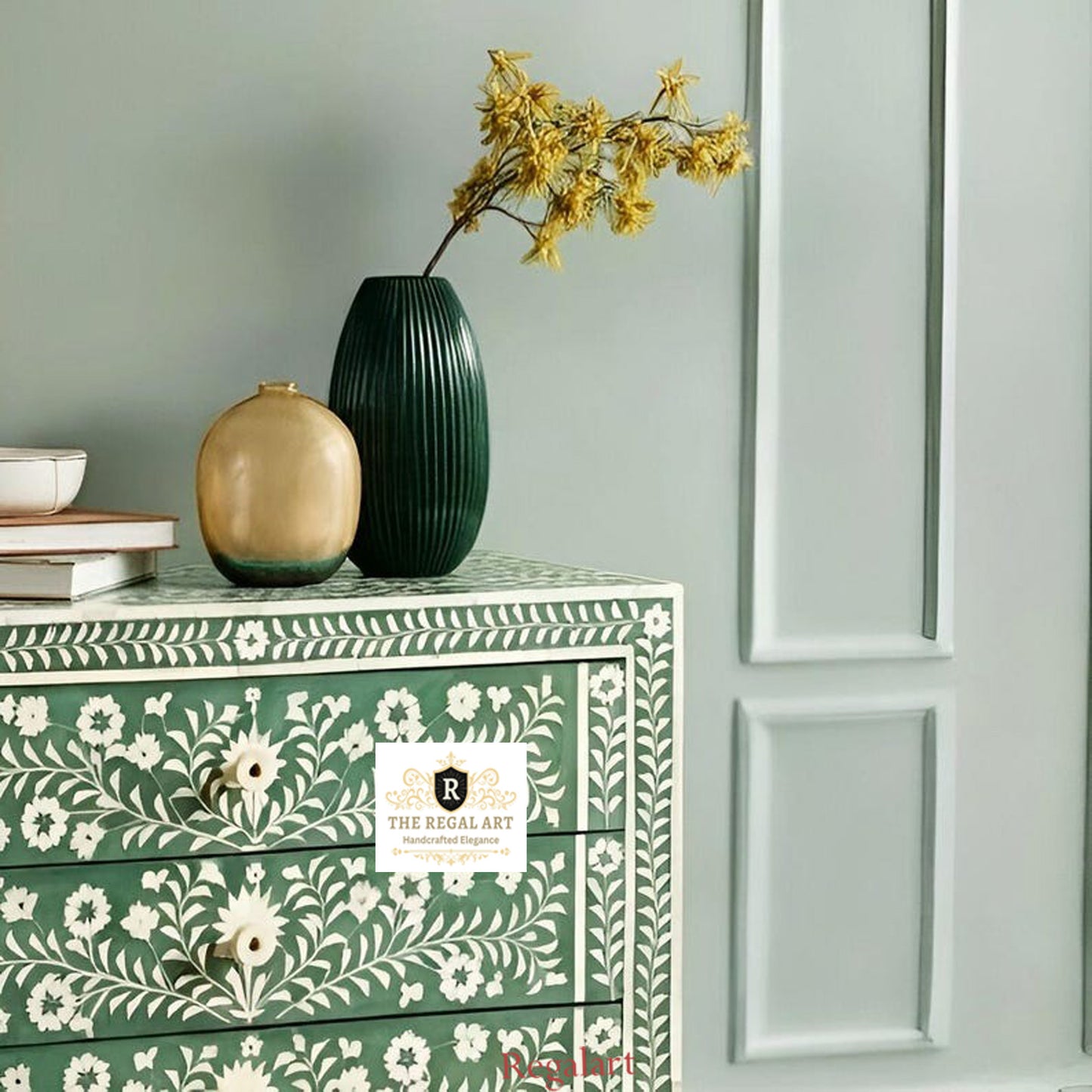 Four Drawer Bone Inlay Chest | Green Floral Pattern Dresser | Home