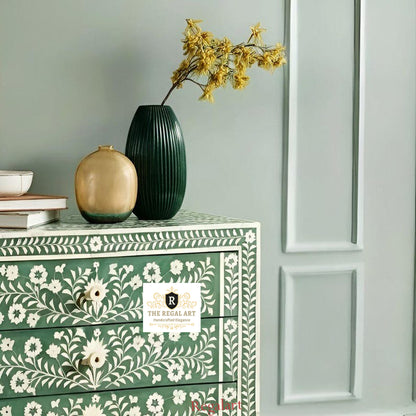 Four Drawer Bone Inlay Chest | Green Floral Pattern Dresser | Home