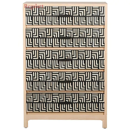 Bones Inlay Chest Drawers Black Handmade Wood Modern Living Room Furniture.