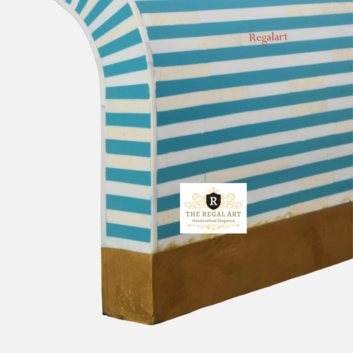 Close-Up of Blue Bone Inlay Coffee Table Base Featuring Handcrafted Striped Pattern and Brass Finish