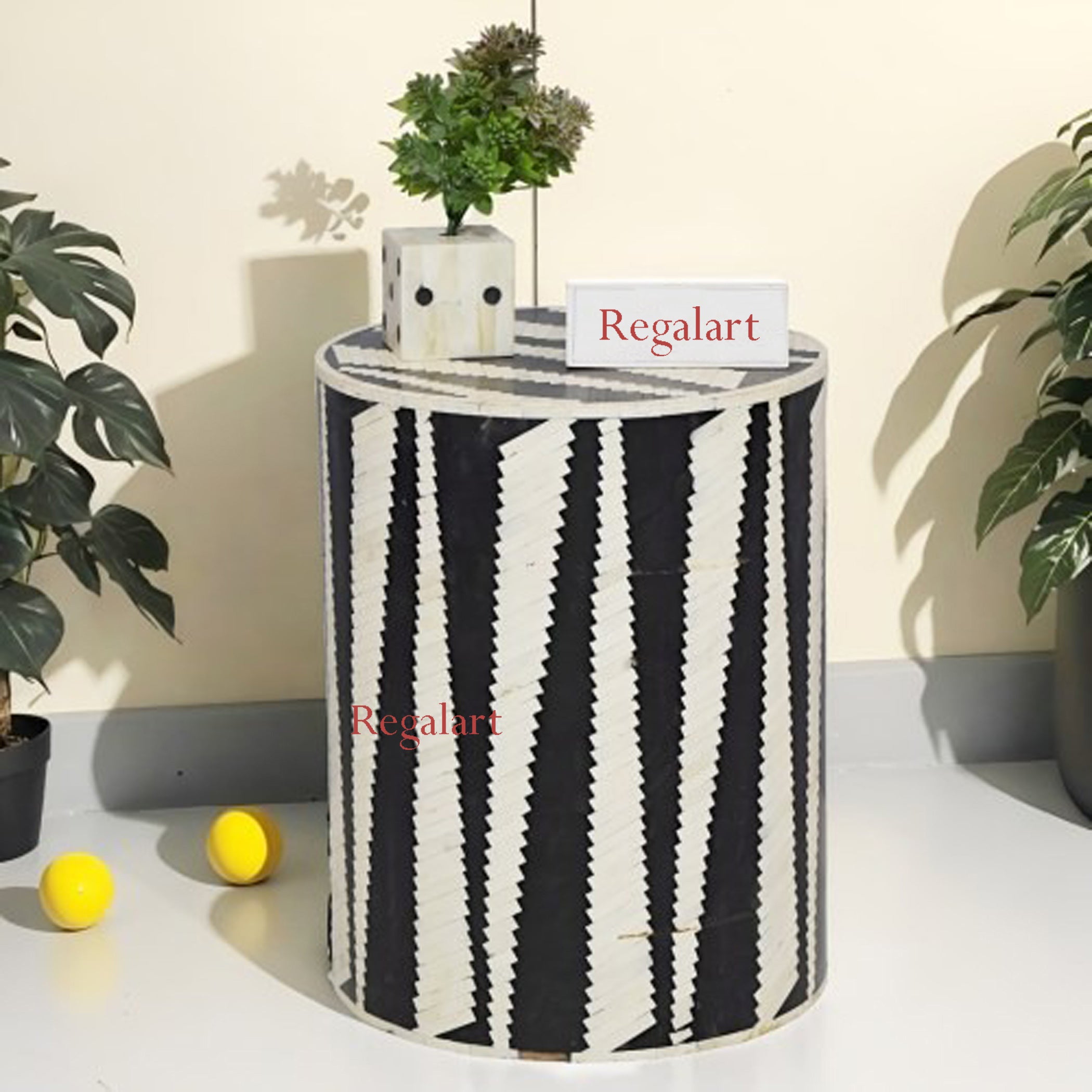 Luxury Bone Inlay Side Table | Black Round Pattern Stool