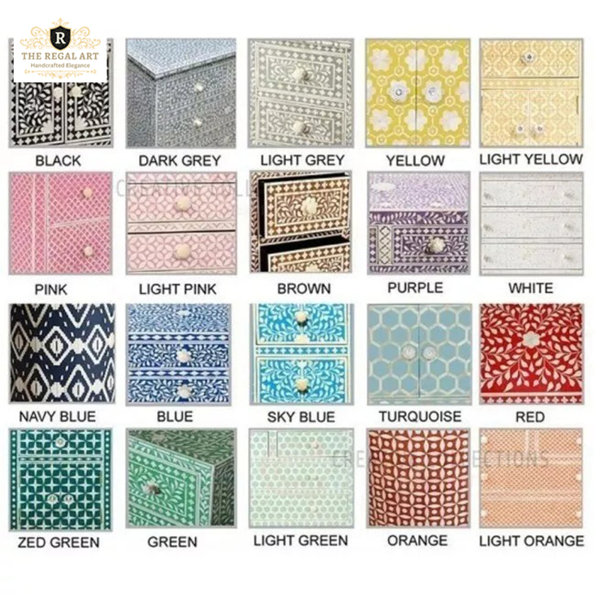 Available Color Options for Handmade Bone Inlay Chest of Drawers Featuring Multiple Custom Finish Choices