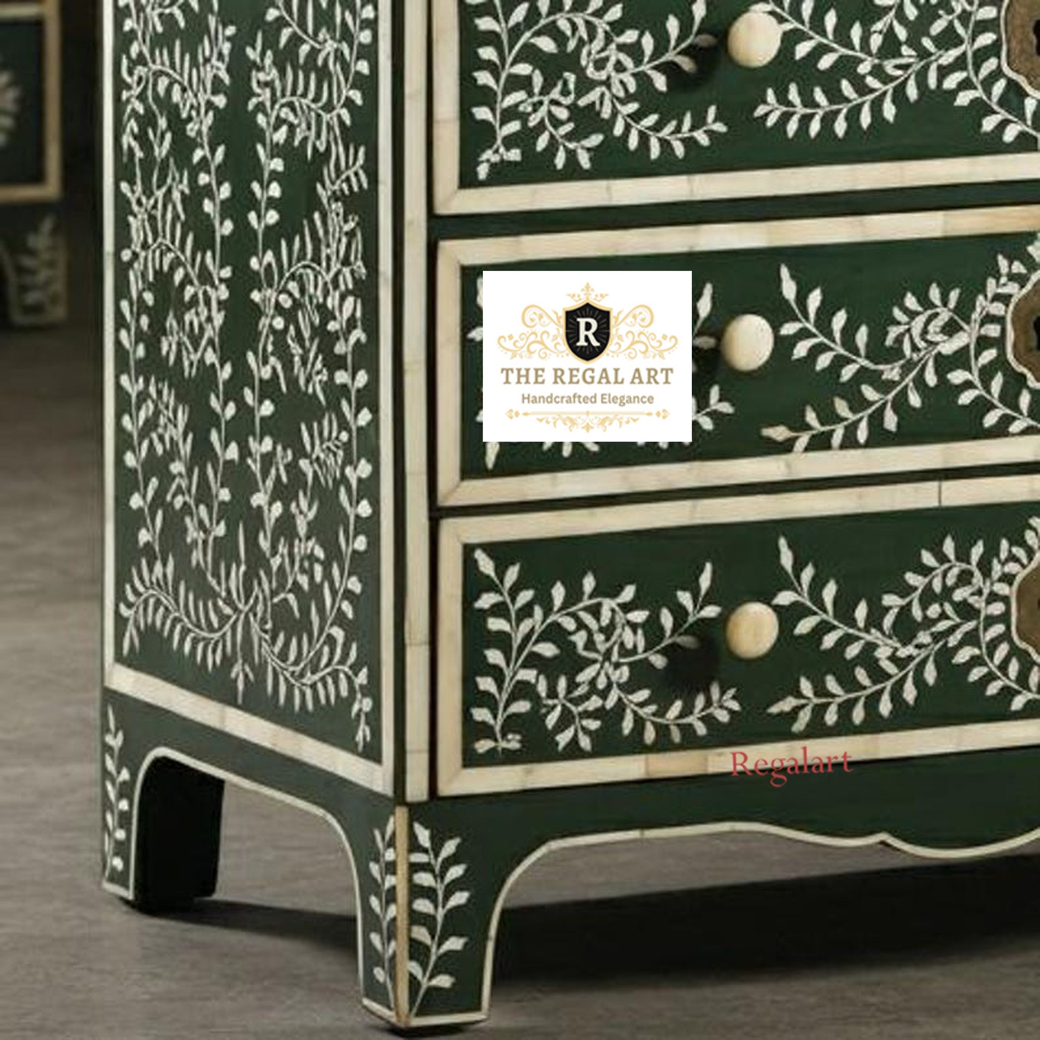 Five Drawer Bone Inlay Chest | Leaf Pattern Dresser | Dark Green Bone Inlay Chest | Dressers for home | 5 Drawers Chest for home