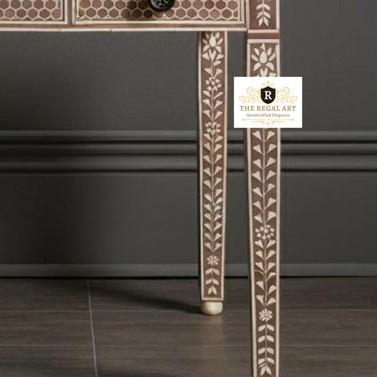 Side View of Pink Bone Inlay Writing Desk Highlighting Elegant Leaf Pattern and Sturdy Legs
