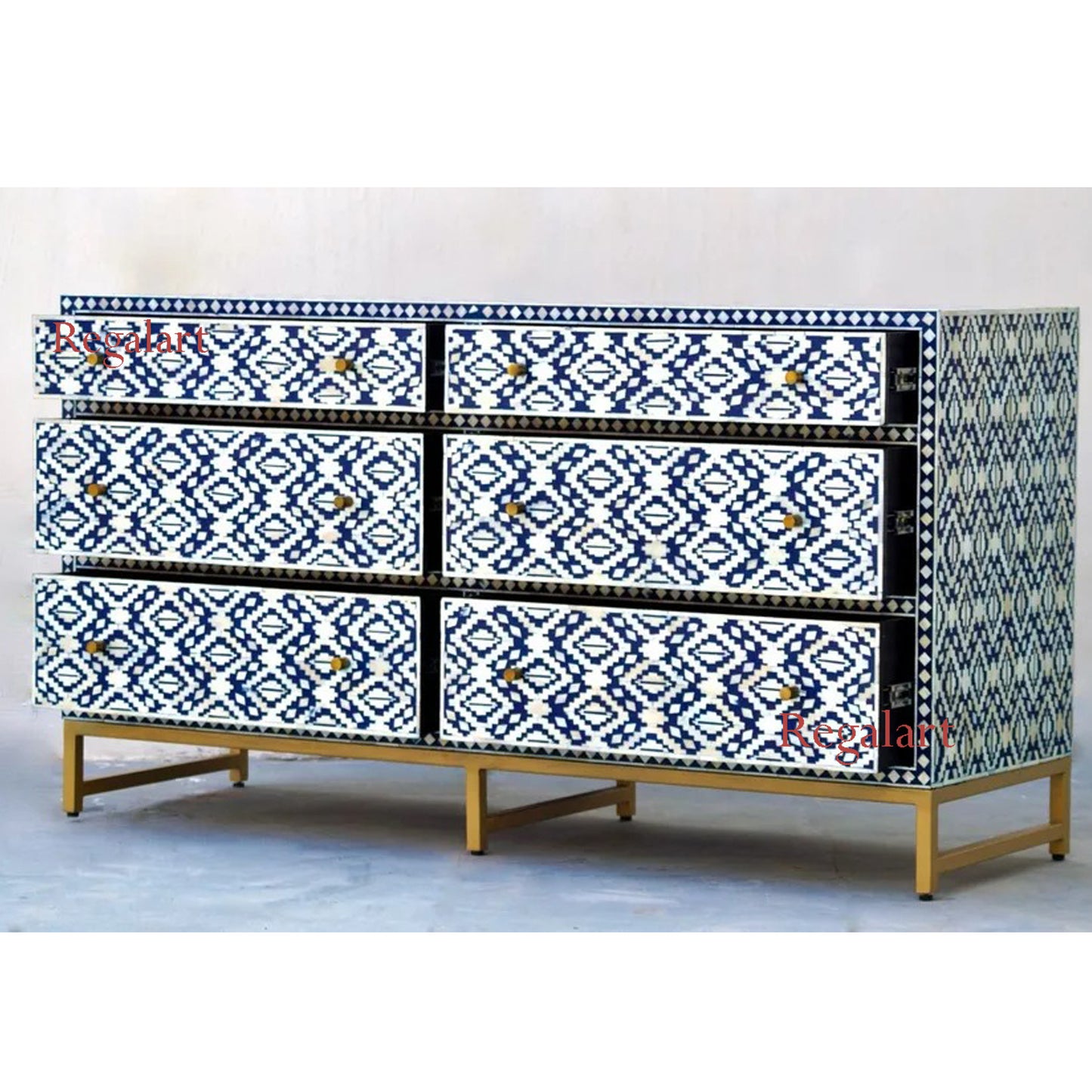 Bone Inlay Sideboard - Navy Tribal Ikat Living Room Furniture- MADE TO ORDER