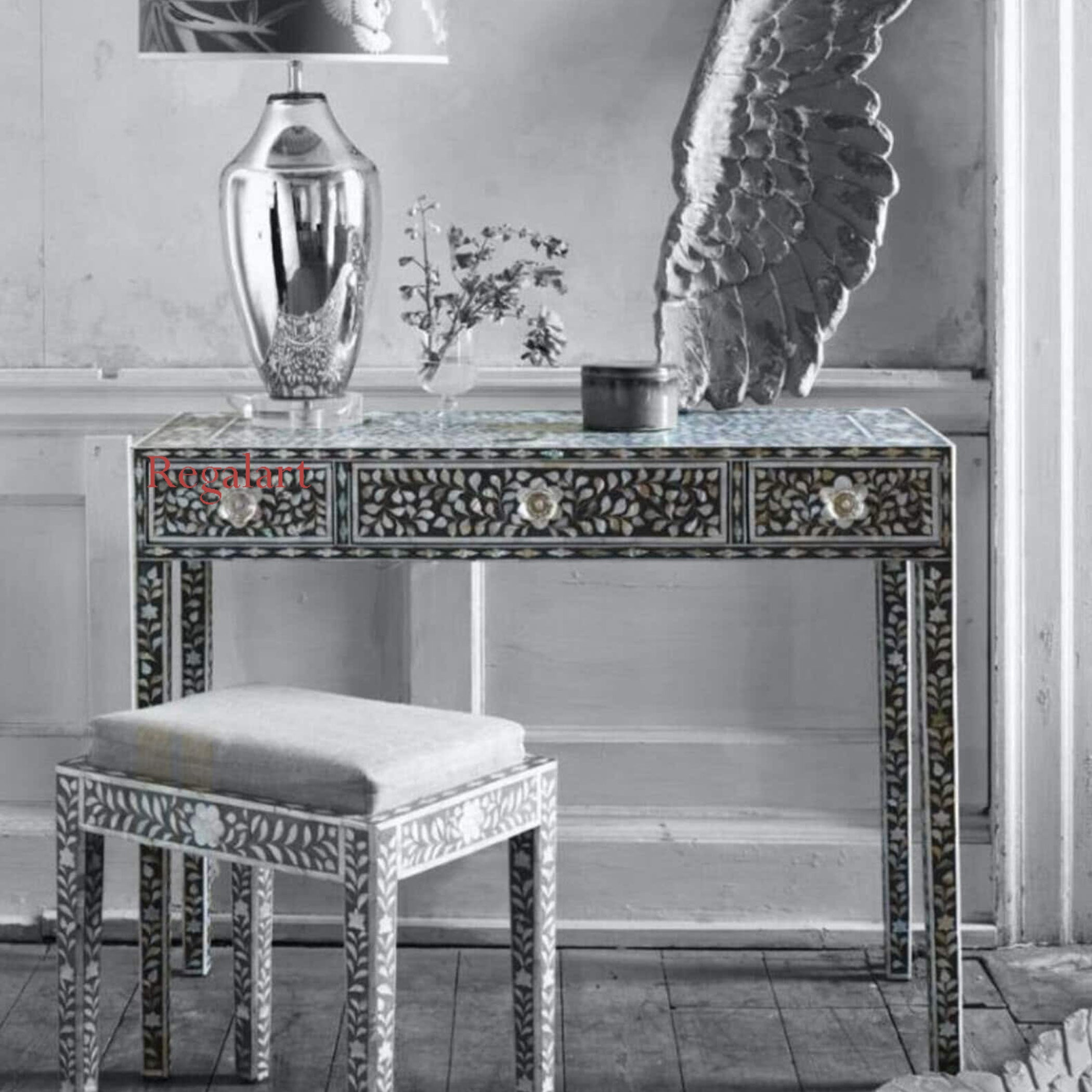 Mother of Pearl Console Table | Dark Grey Study Desk Art