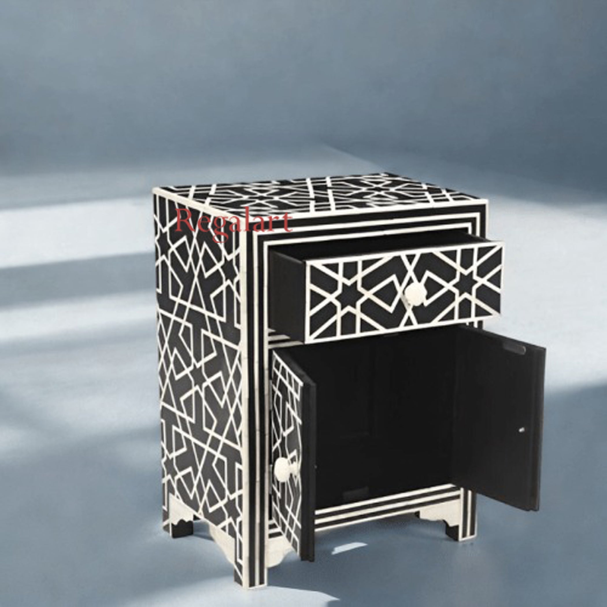 Luxury Geometric Bone Inlay Table | 1 Drawer 1 Door