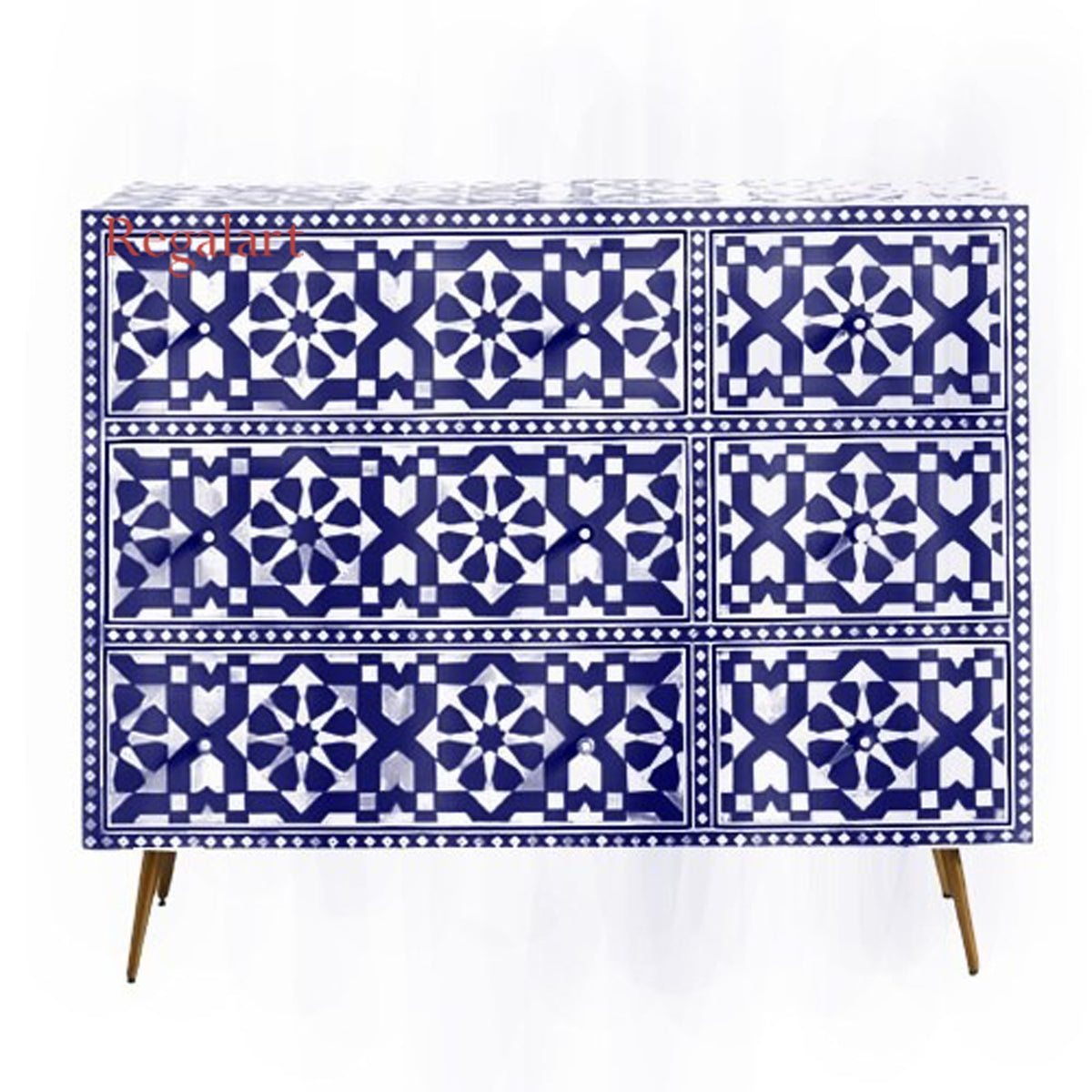 Handmade Royal Blue Bone Inlay Chest of Drawers with Moroccan Pattern and Brass Legs