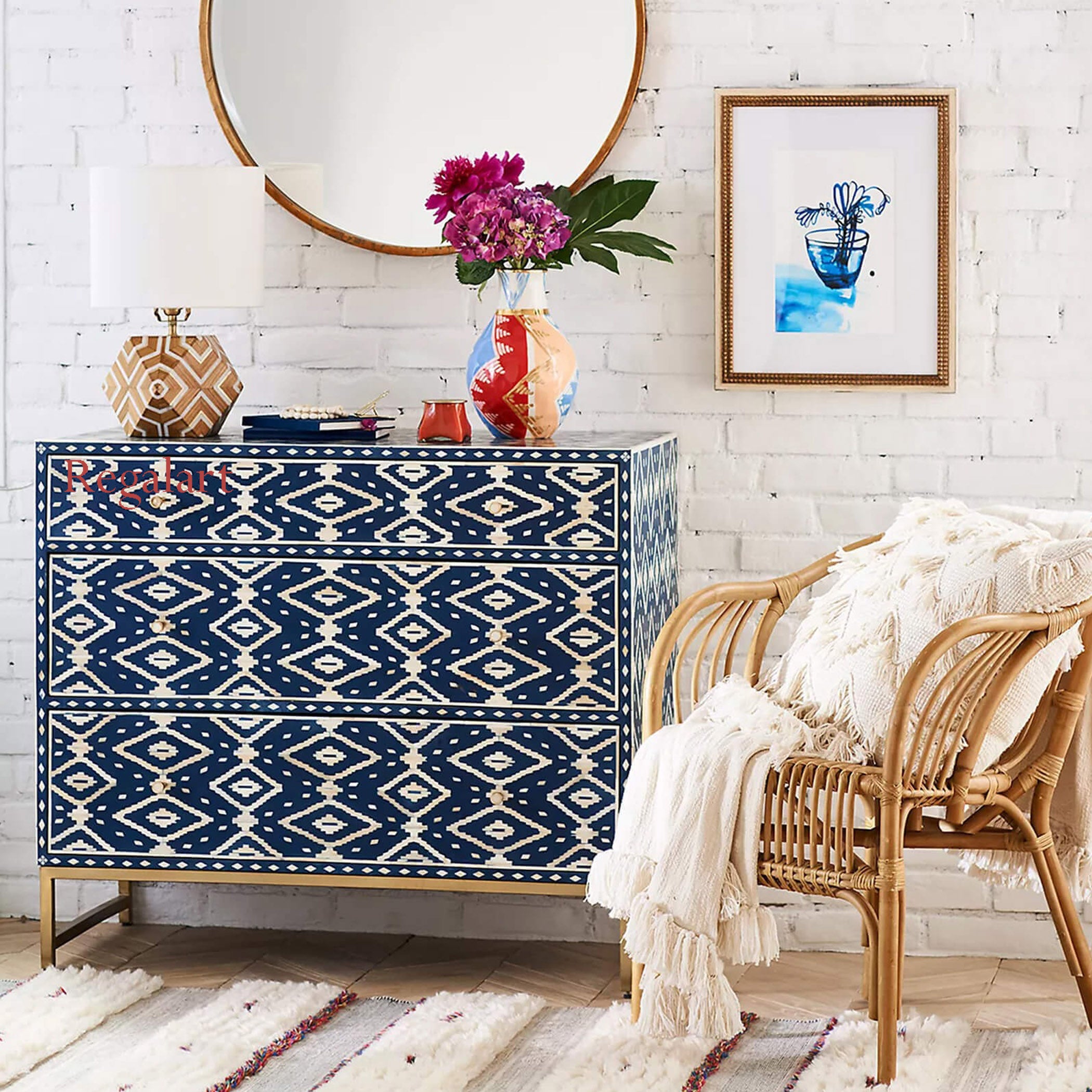 Handmade Bone Inlay Dresser | Vintage Chest of Drawers