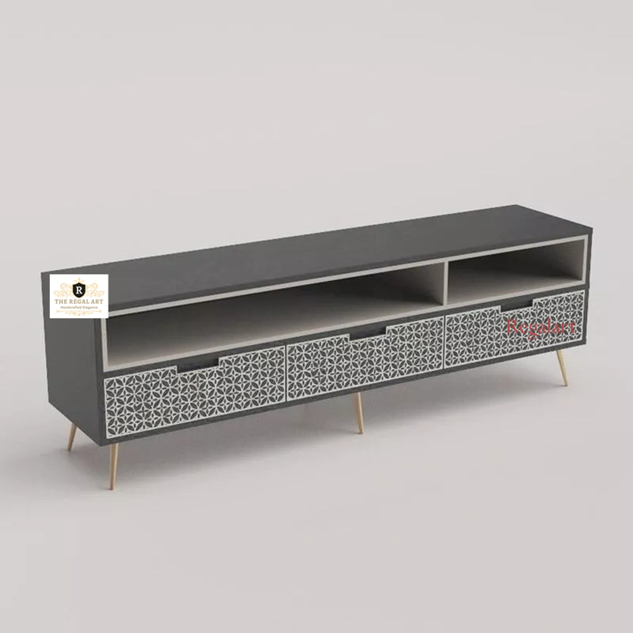 Bone Inlay Media Unit Entertainment | Geofloral Navy Blue TV Unit