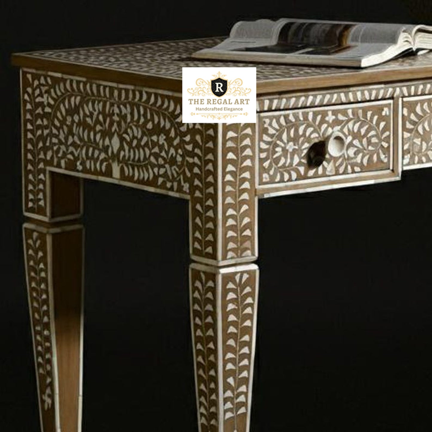 Bone Inlay Work Desk with Three Drawers - Brown Inlay Bedroom Decor