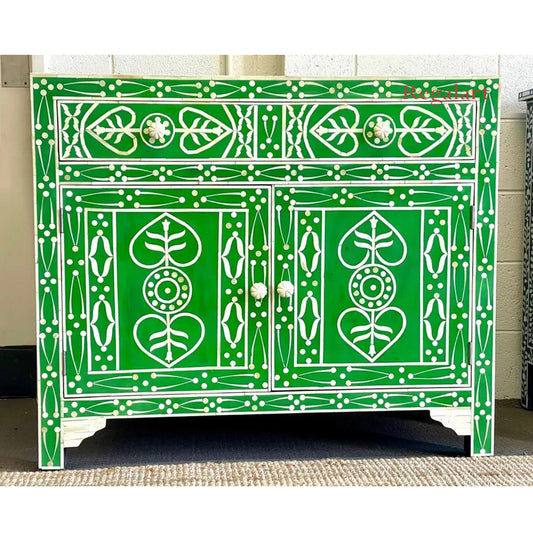 Bone Inlay Chest Of Drawers Drawer, 2 Doors 1 Drawer, Cabinet - Green Leaf Patte