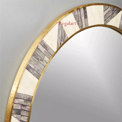 Bone Inlay Round Mirror | White with Grey Striped Pattern | Modern Home Decor