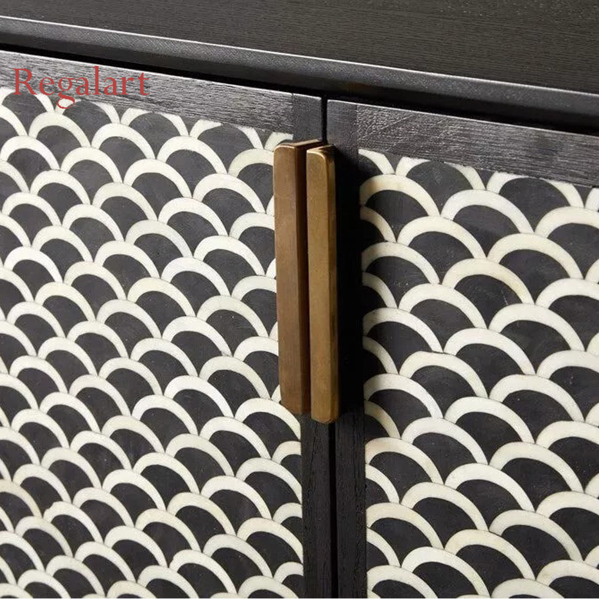 Close Up of Brass Handles on Handmade Black and White Bone Inlay Sideboard with Scallop Pattern
