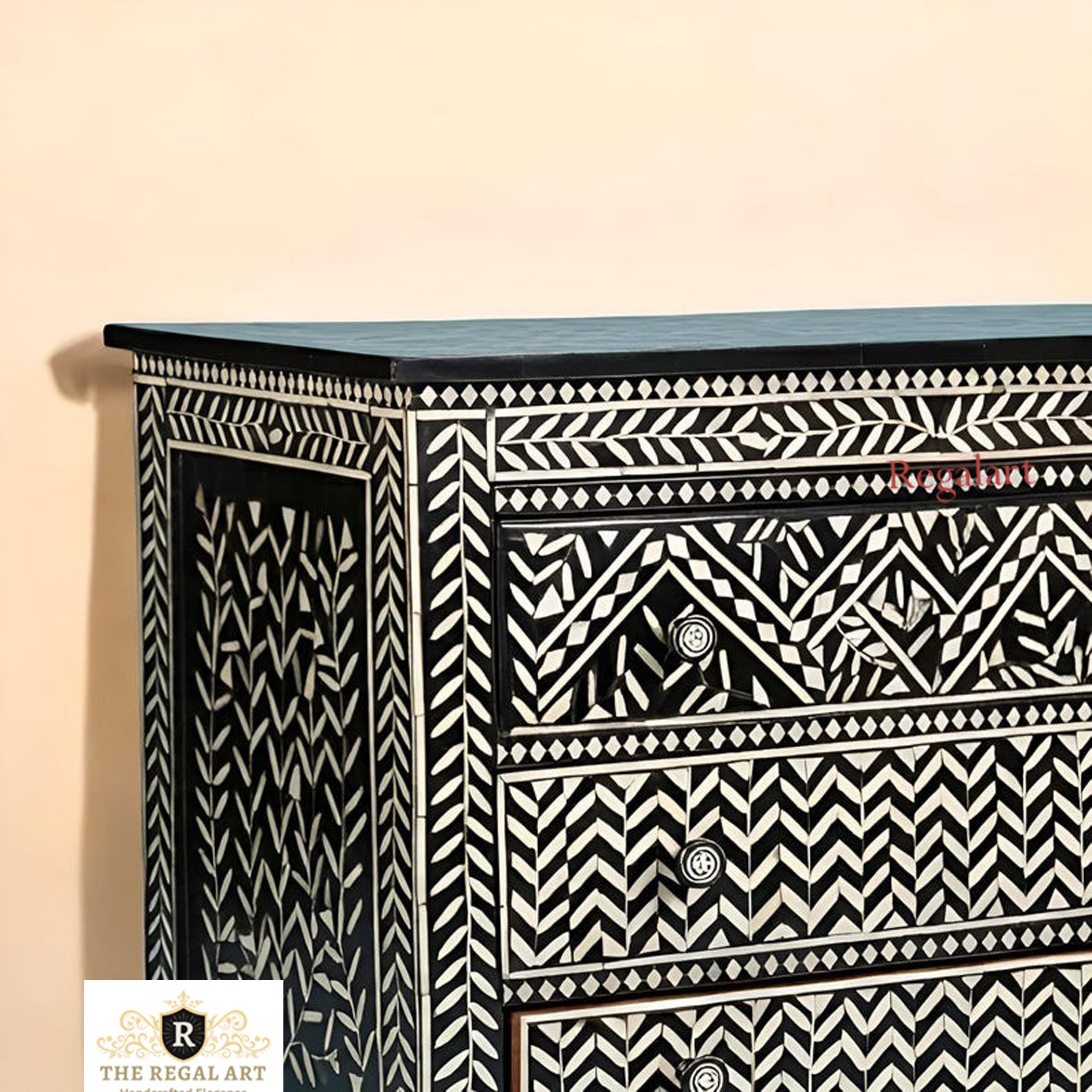 Handmade KitKat Pattern Bone Inlay Dresser – Zed Black 3 Drawer Chest for Bedroom & Living Room