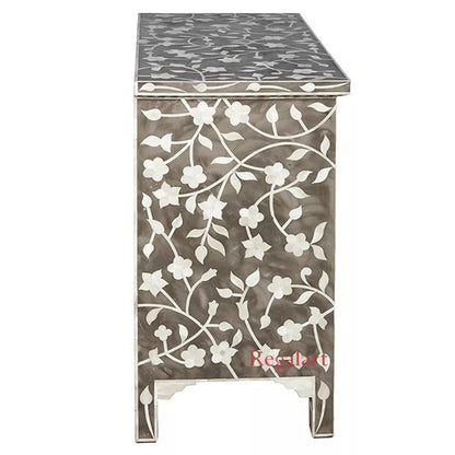 Bone Inlay Chest Of Drawer, Dresser Grey Floral Pattern Living Room Furniture