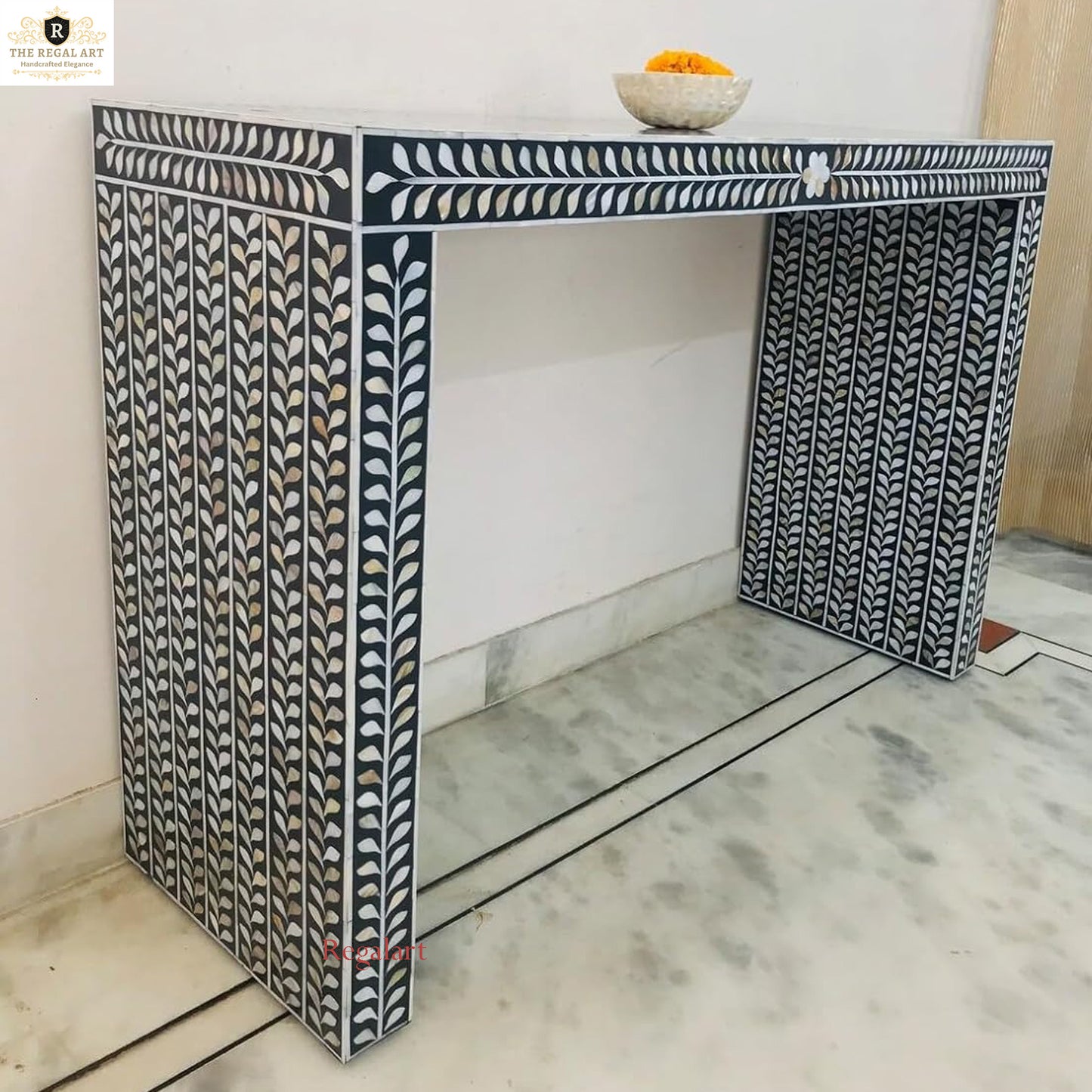 Handmade  Mother of Pearl Console Table with Floral U Shape Design