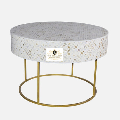 Round Mother of Pearl Coffee Table with Metal Stand - White Petal Design