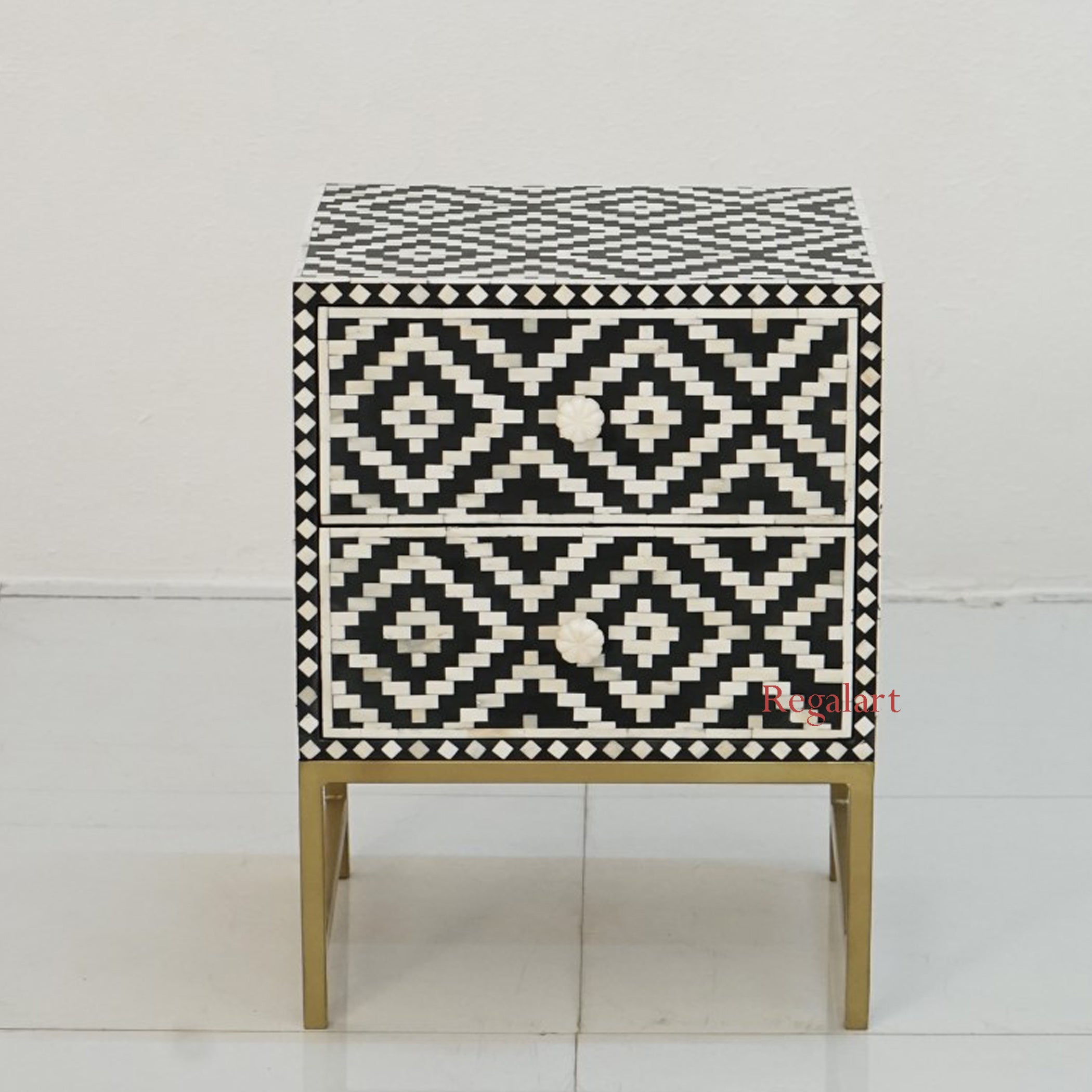 Handmade Bone Inlay Nightstand | 2-Drawer Side Table