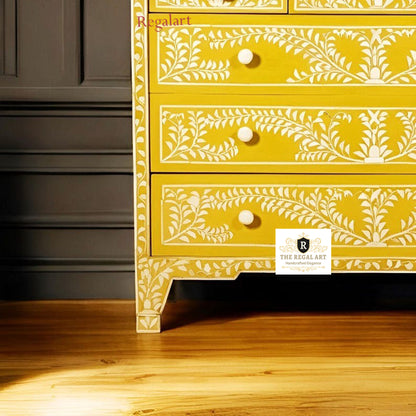 Premium Bone Inlay Six Drawer Chest | Floral Yellow Dresser | Home Storage Solution