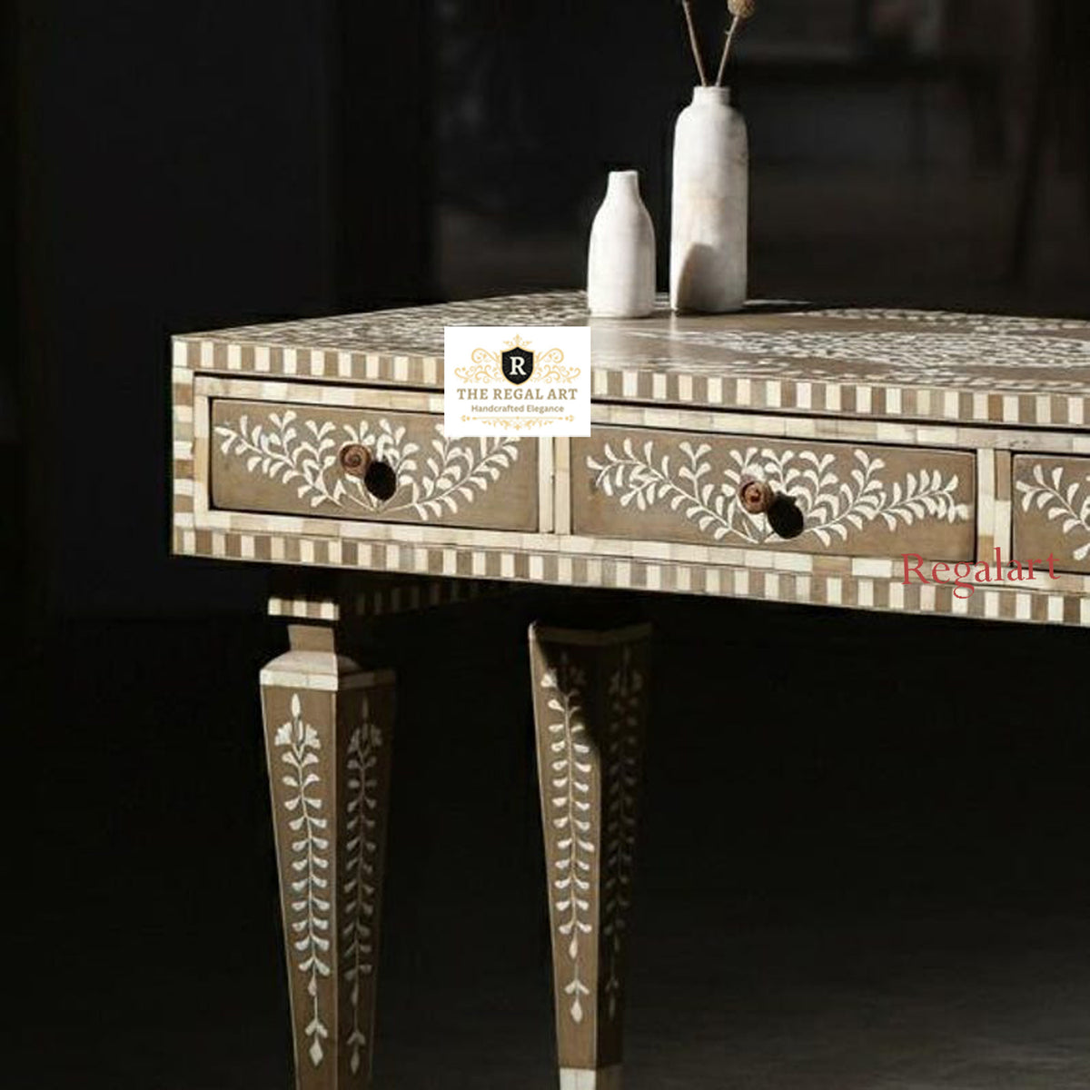 Floral Pattern Bone Inlay work desk | Brown Inlay Desk Handmade Three Drawer