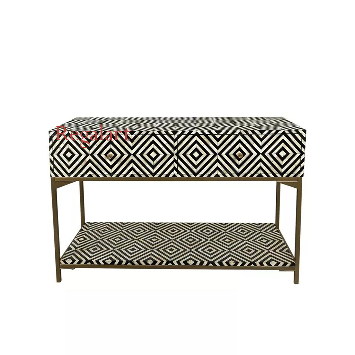 Rear View of Handmade Bone Inlay Console Table Featuring Black and White Geometric Pattern and Metal Frame