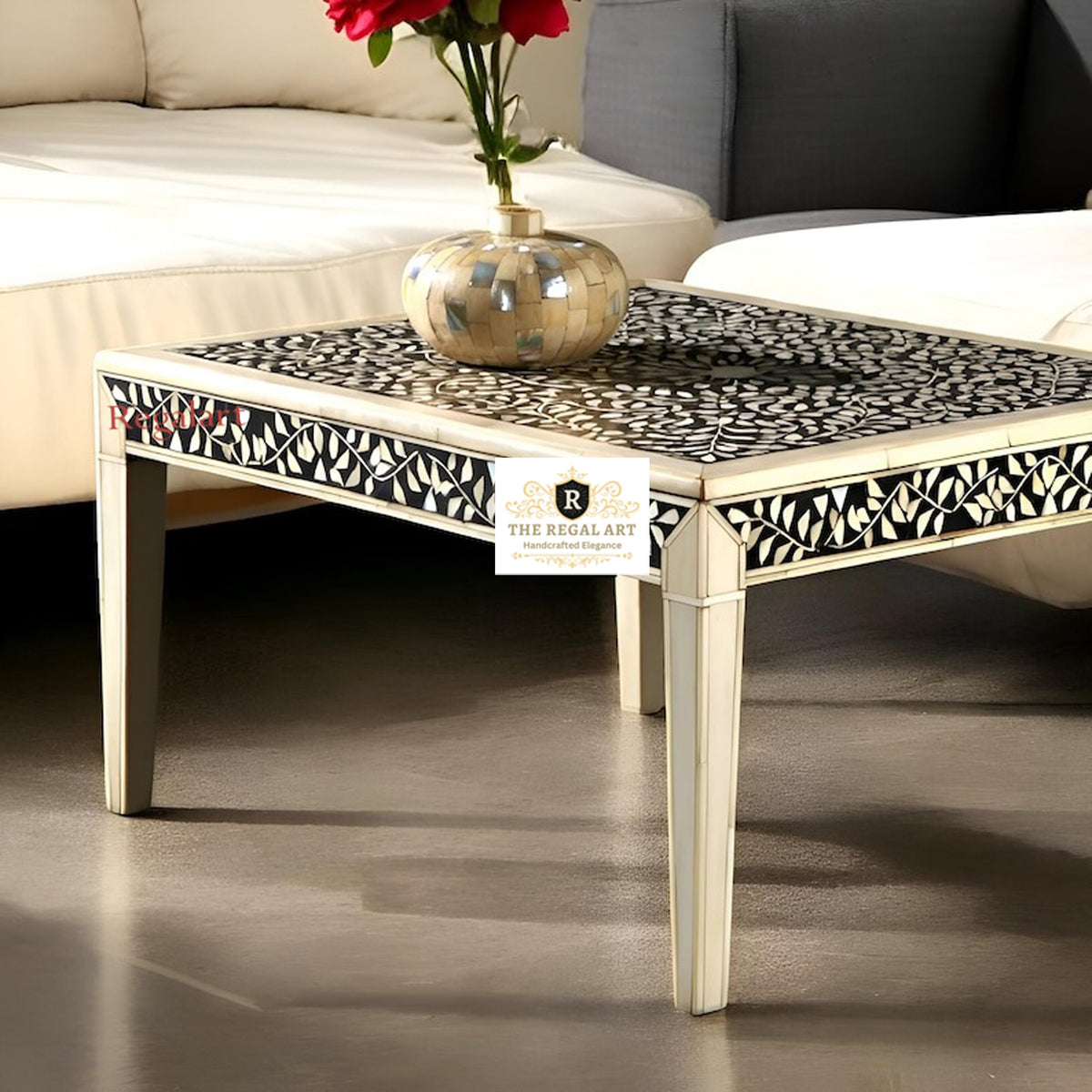 Front Corner View of Floral Bone Inlay Coffee Table with Elegant Four-Leg Design