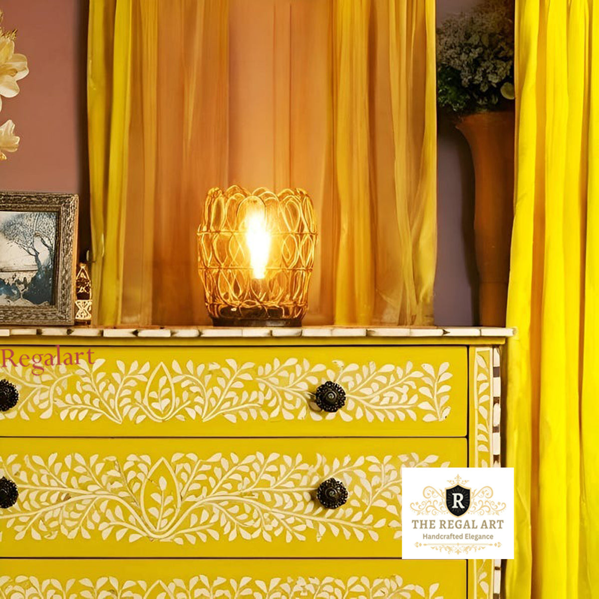 Close-Up of Handmade Yellow Bone Inlay Chest Showcasing Intricate Floral Inlay Craftsmanship