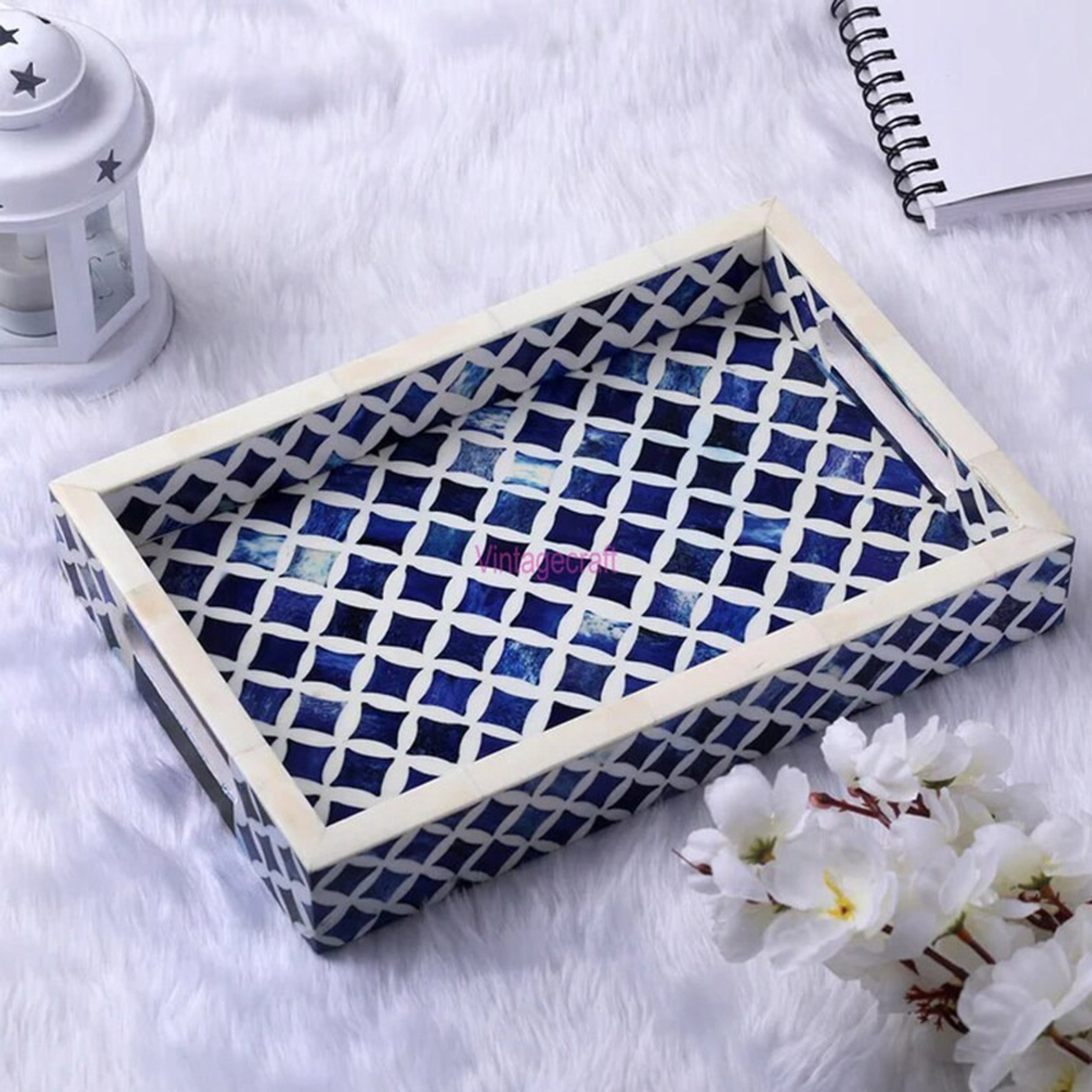Handmade Blue Bone Inlay Tray | Kitchen Serving Decor
