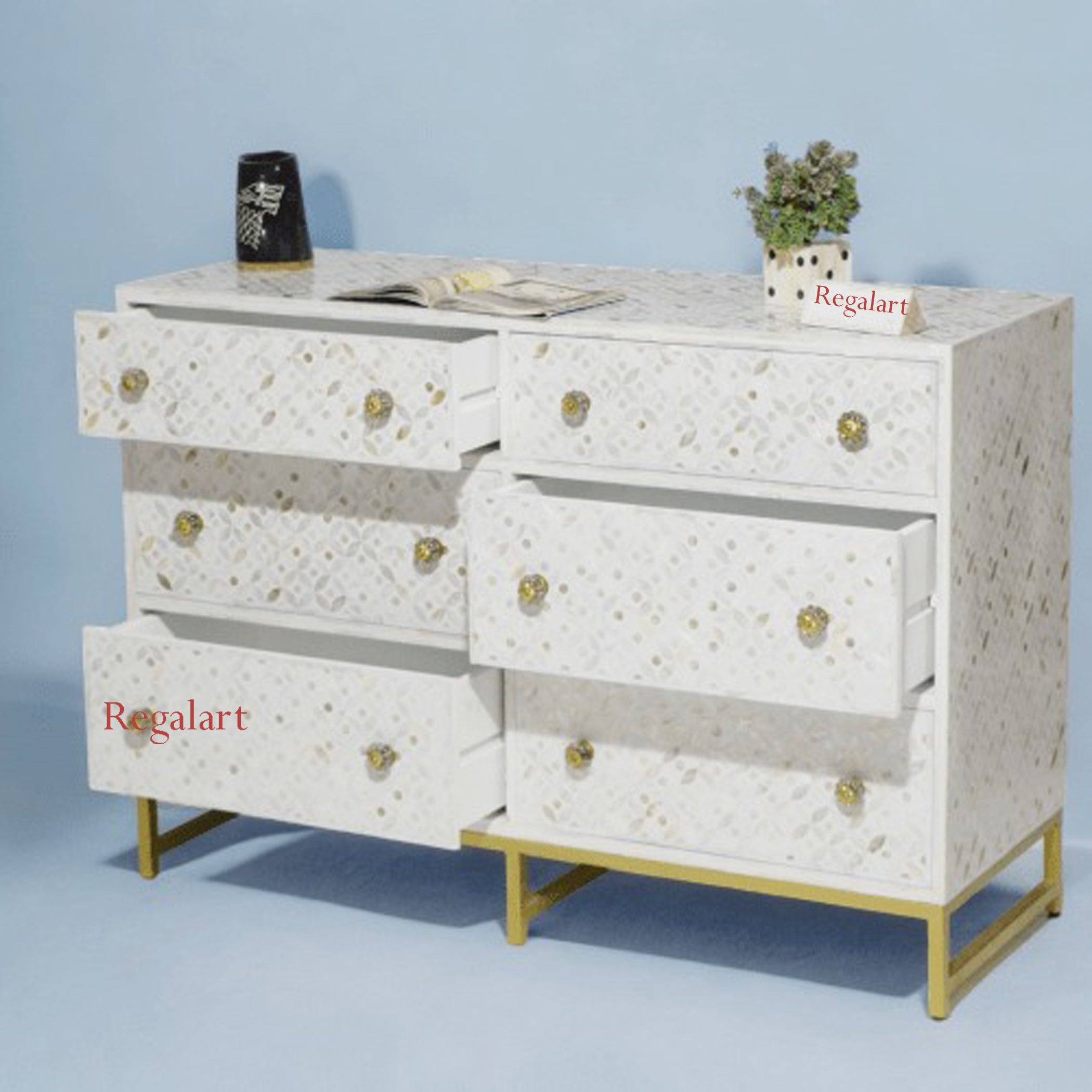 Mother of Pearl Inlay 6 Drawer Chest | Eye Cut Design Dresser