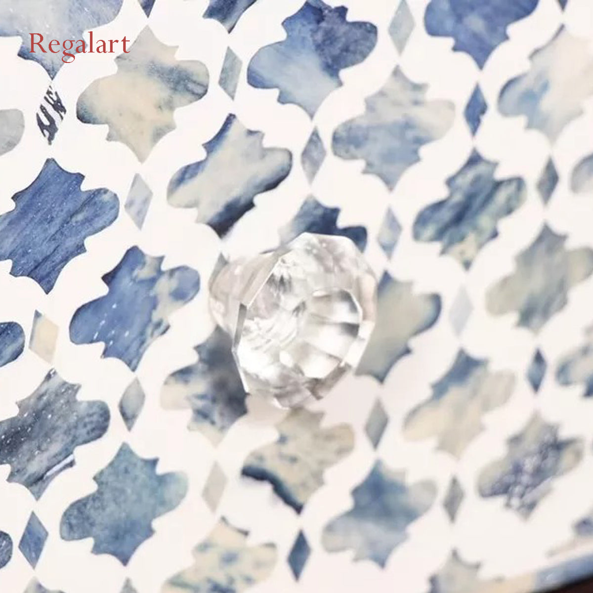 Close-Up of Handmade Wooden Bone Inlay Drawer with Blue Floral Design and Metal Handle