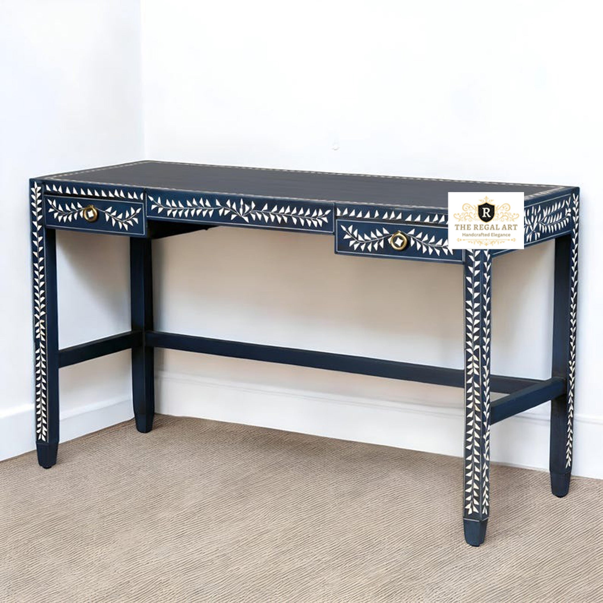 Floral pattern Bone Inlay work desk | Blue Inlay Desk | Desk with Footrest  Bone Inlay Desk | Navy Blue Desk