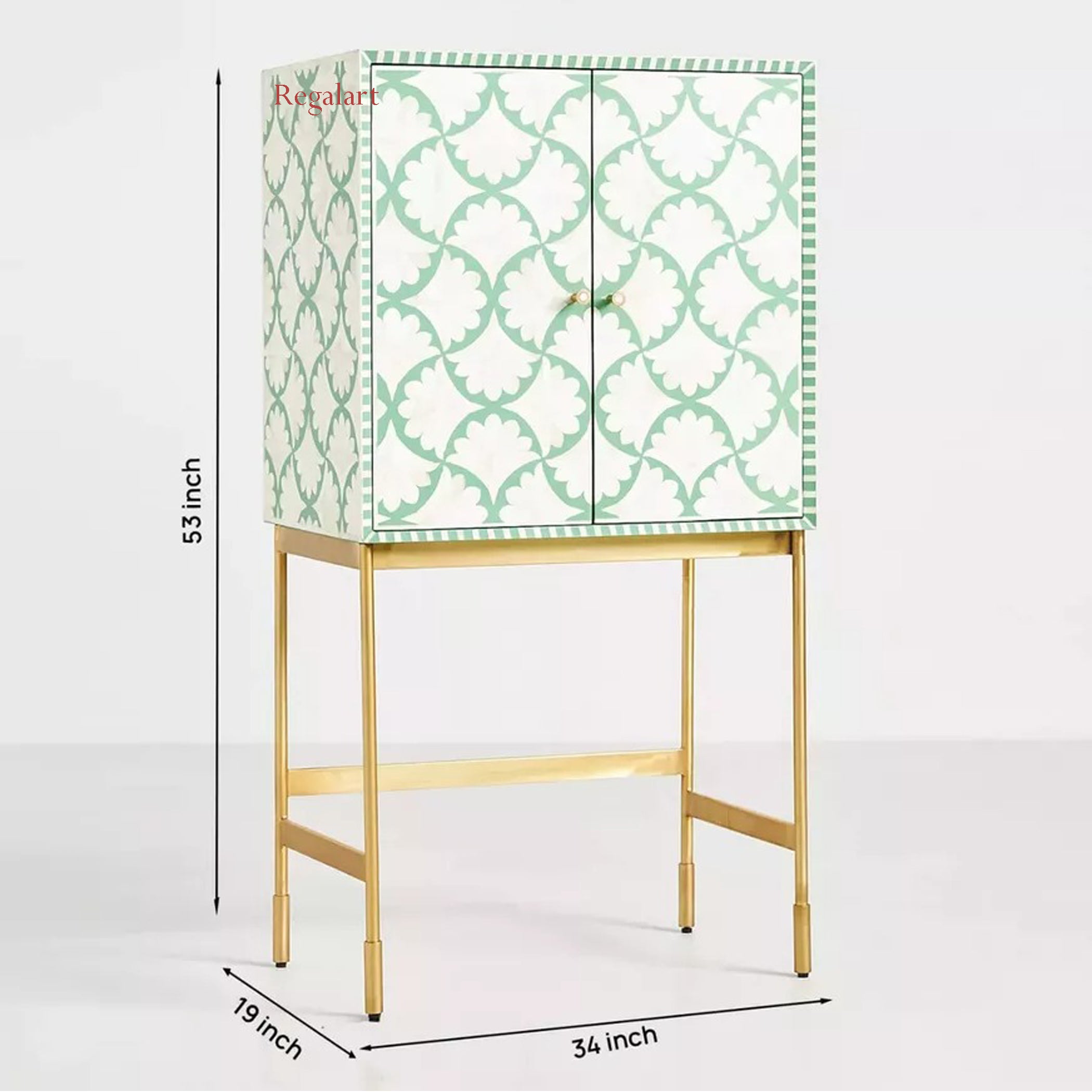 Bone Inlay Bar Cabinet, Leafy Unit In Teal Finish Modern Pattern Home Décor