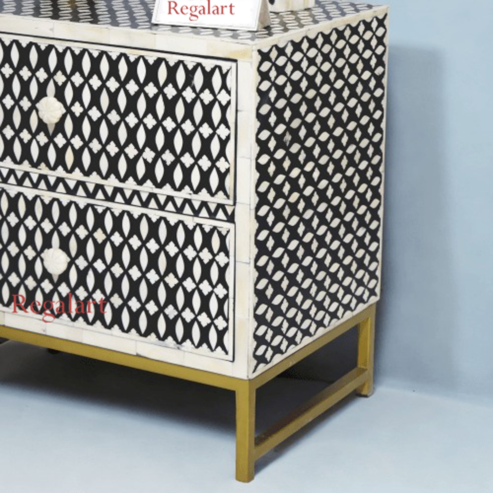 Bone Inlay Eye Pattern Black 2 Drawers Bedside Table - Exauisite Handmade Bedroom Furniture